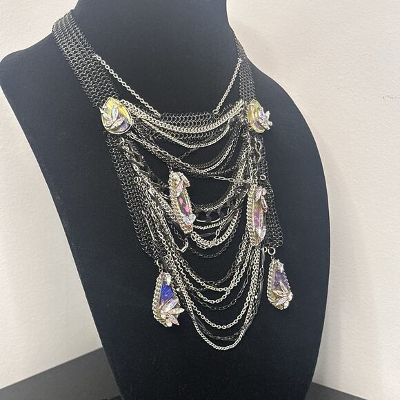 Erickson Beamon Statement Bib Necklace Gunmetal Multi Chain Crystal Waterfall - Picture 2 of 11